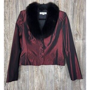 Vintage Kay Unger Blazer Jacket Size 6 Red Metallic Fox Fur Lined Romantic Goth